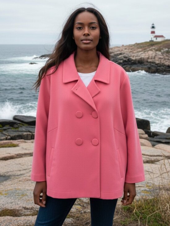 Sandro Sportwear Jackets & Blazers - SANDRO Pink Peacoat 3X Double Breasted Statement Coat Giraffe Print Lined Plus